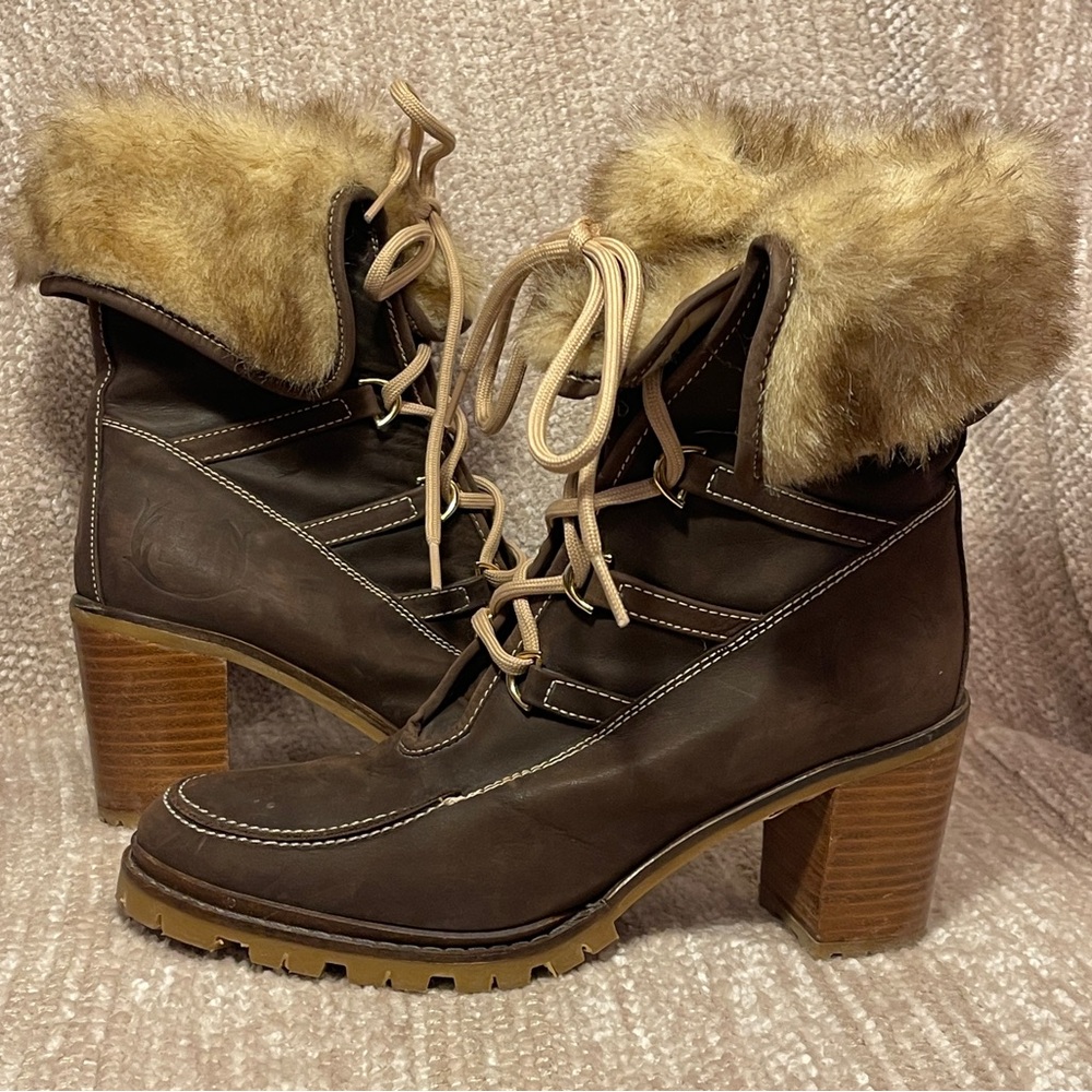 Hunter Brown Heeled Boots with Fur Trim